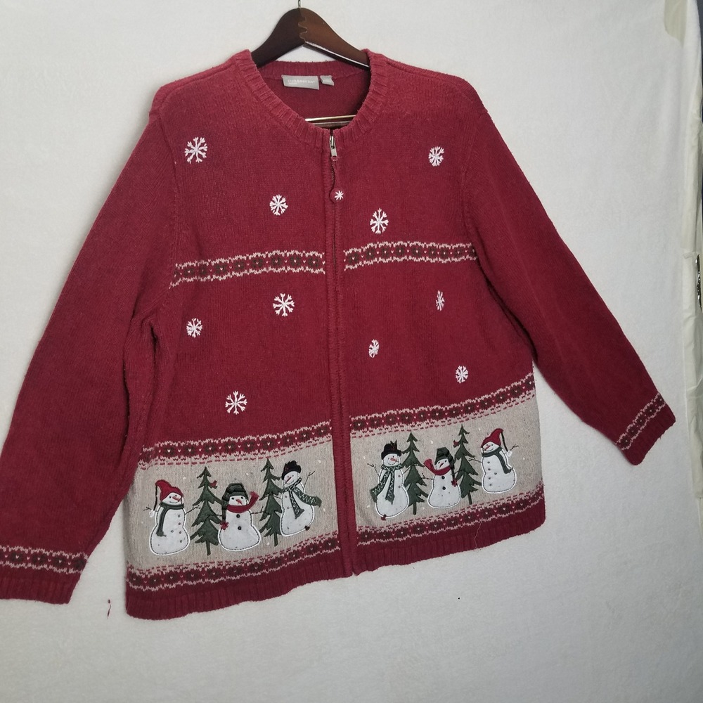 Red Snowman Christmas Holiday‎ Croft & Barrow W 2X  Zip Up Cardigan